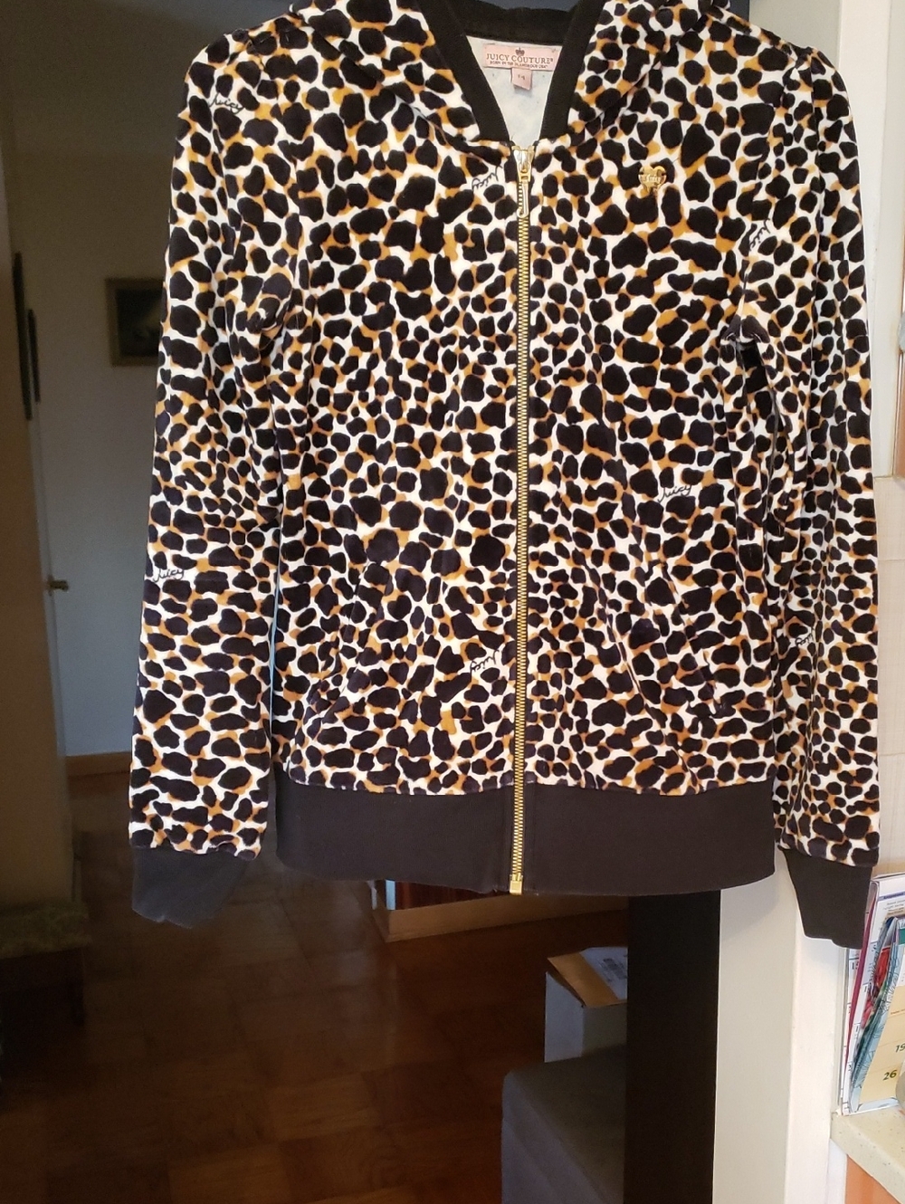 Juicy Couture Leopard Print Velvet Zip Hoodie in Black and Gold